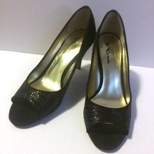 Nina women's black glitter peeptoe heels